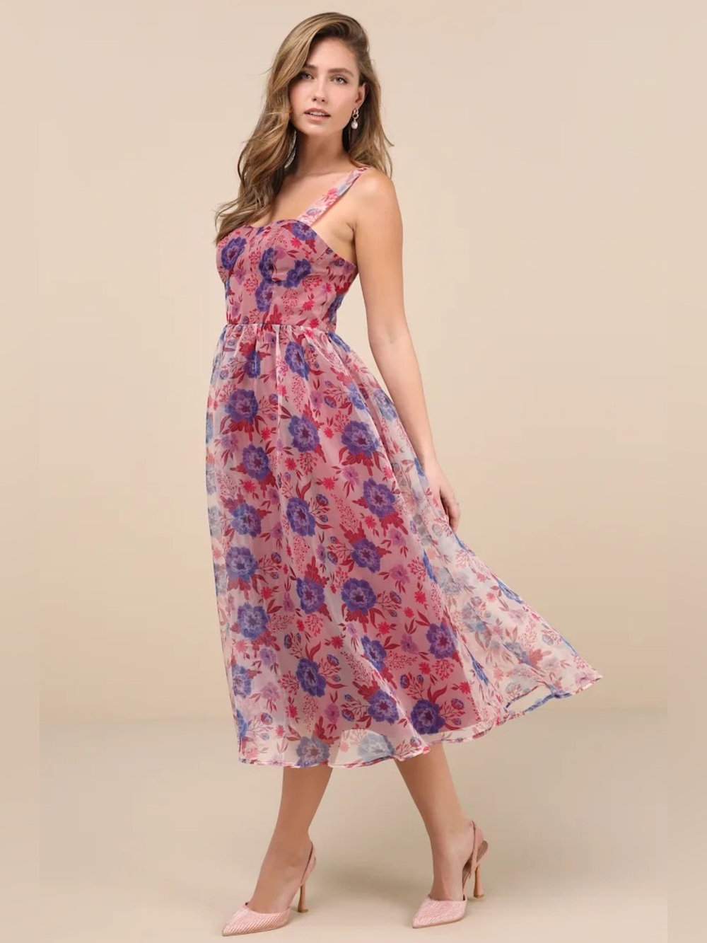 NWT Lulus Delightful Look Magenta Floral Print Bustier Midi Skater Dress XXL